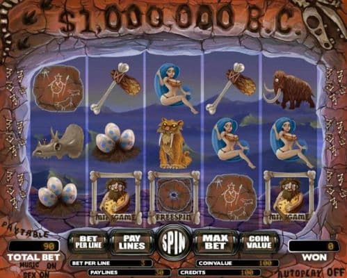 Main game board featuring five reels and 10 paylines with a $18,000 max payout. Featuring a prehistoric caveman theme.