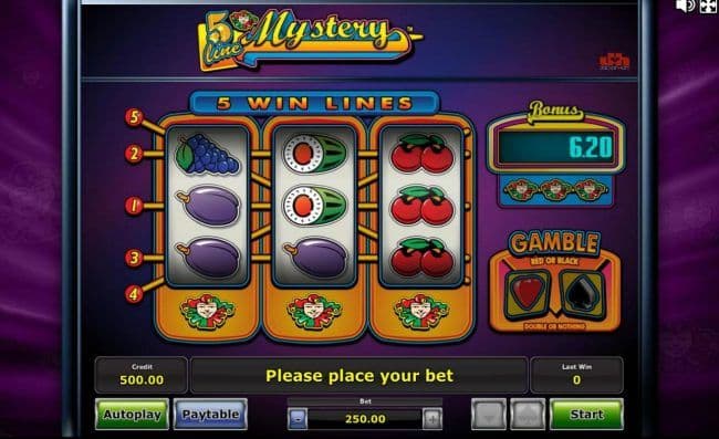 Main game board featuring three reels and 5 paylines with a $25,000 max payout