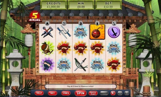 Main game board featuring five reels and 25 paylines with a $32,000 max payout.