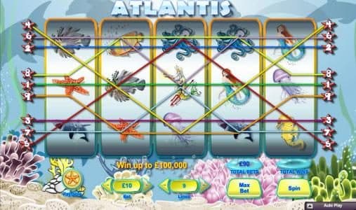 Main game board featuring five reels and 9 paylines with a $100,000 max payout