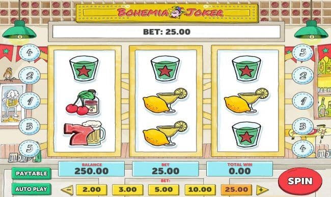 Main game board featuring three reels and five paylines with a $2,500 max payout