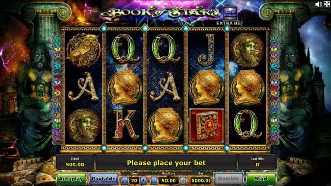 Main game board featuring five reels and 20 paylines with a $500,000 max payout