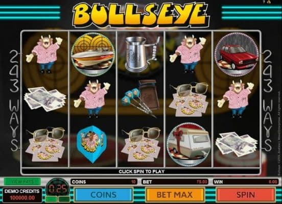 Main game board based upon a pub dart board game theme, featuring five reels and 243 winning combinations with a 1,215,000 coin max payout