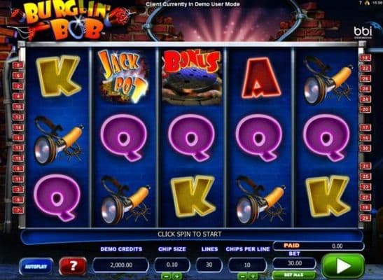Main game board based on a cops and robbers theme, featuring five reels and 30 paylines with a $30,000 max payout