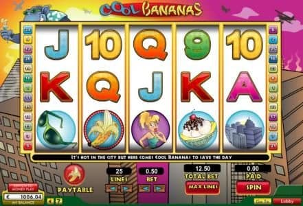Main game board featuring five reels and 25 paylines with a $50,000 max payout