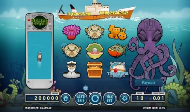 An undersea adventure themed main game board featuring nine reels and 1 payline with a progressive jackpot max payout