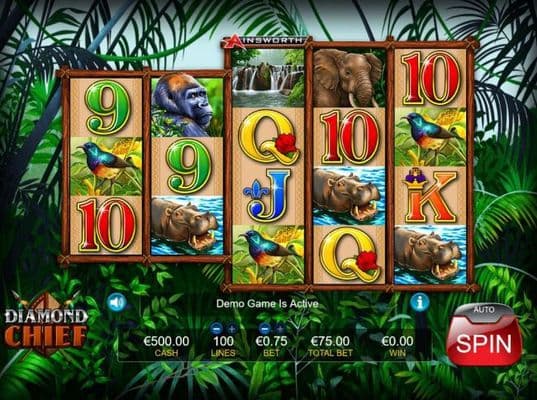Main game board featuring five reels and 100 paylines with a $3,750 max payout.