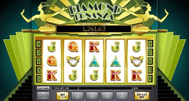Main game board featuring three reels and 5 paylines with a progressive jackpot max payout