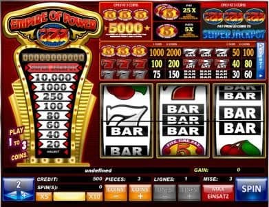 main game board featuring three reels and one payline with a progressive jackpot