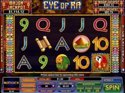 Main game board featuring five reels and 50 paylines with a $5,000 max payout