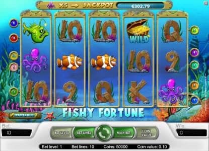main game board featuring five reels, 10 paylines and a fixed bet