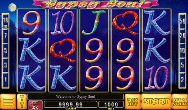 Main game board featuring five reels and 10 paylines with a $9,000 max payout.