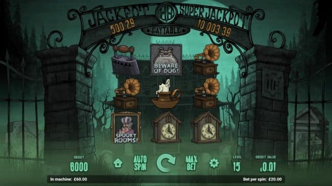 A ghost treasure themed main game board featuring three reels and 8 paylines with a progressive jackpot max payout