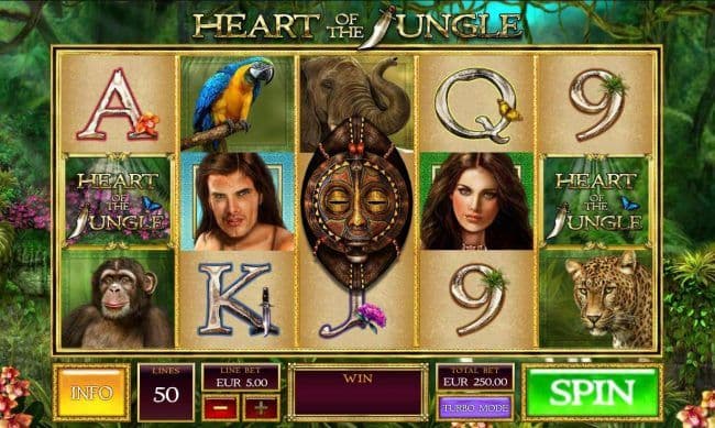 Main game board featuring five reels and 50 paylines with a $10,000 max payout