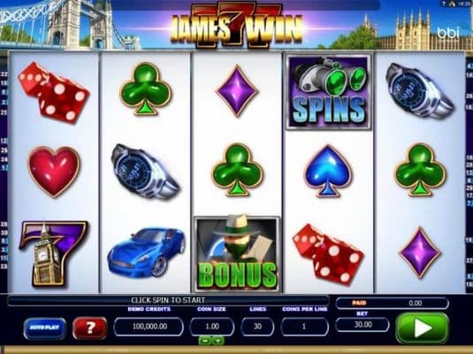 Main game board featuring five reels and 30 paylines with a $30,000 max payout