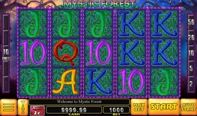 Main game board featuring five reels and 10 paylines with a $10,000 max payout.