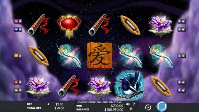 Main game board featuring five reels and 5 paylines with a $50,000 max payout.