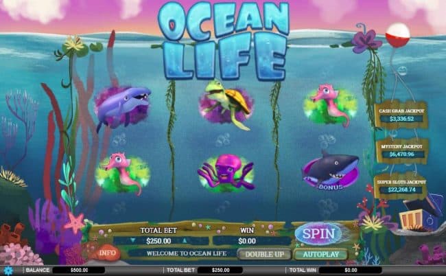 Main game board featuring three reels and 1 payline with a progressive jackpot max payout