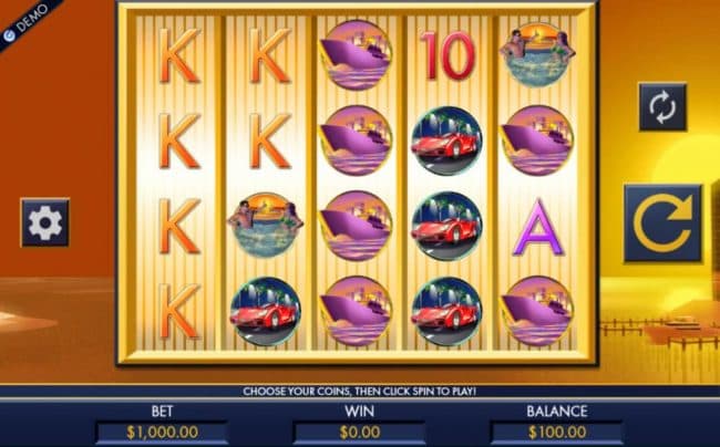 A luxury and wealth themed main game board featuring five reels and 100 paylines with a $5,000 max payout