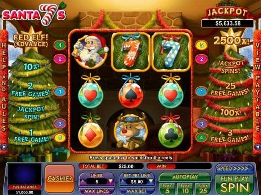 A Christmas holdiday themed main game board featuring three reels and 5 paylines with a progressive jackpot max payout