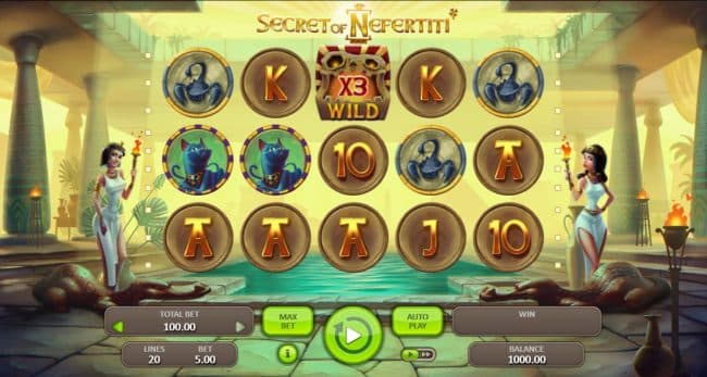 Main game board featuring five reels and 20 paylines with a $50,000 max payout.