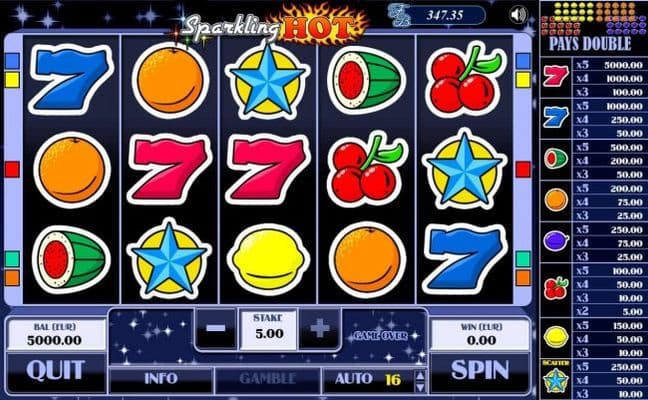 Main game board featuring five reels and 5 paylines with a $5,000 max payout.