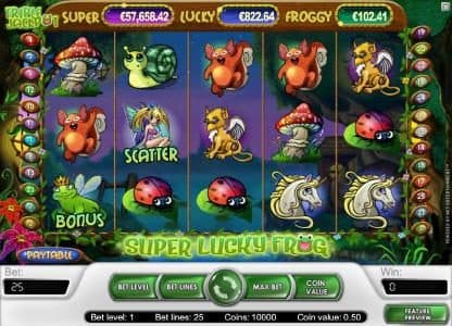main game board featuring five, 25 paylines and 4 bonus jackpots