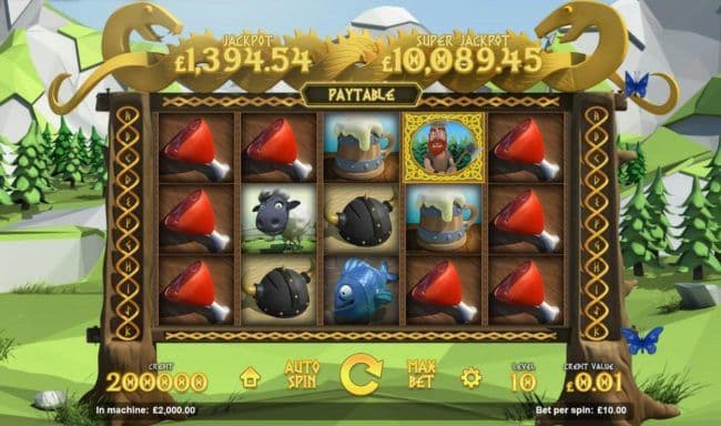 A Norse mythology themed main game board featuring five reels and 11 paylines with a progressive jackpot max payout
