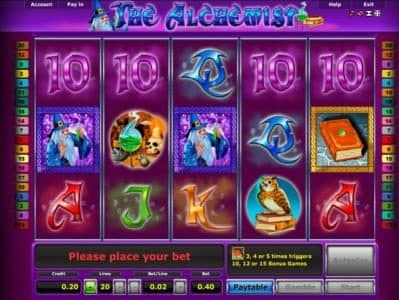 Main game board featuring five reels and 20 paylines with a $5,000 max payout