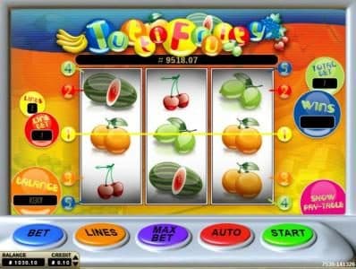 Main game board featuring three reels and 5 paylines with a $5,000 max payout