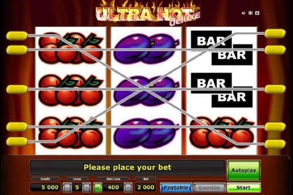 Main game board based upon a classic fruit theme, featuring three reels and 5 paylines with a $300,000 max payout